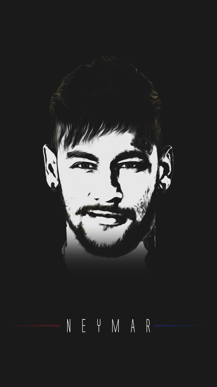 Neymar Jr faces forward in a dramatic black and white close-up with minimalist text and thin red and blue lines.