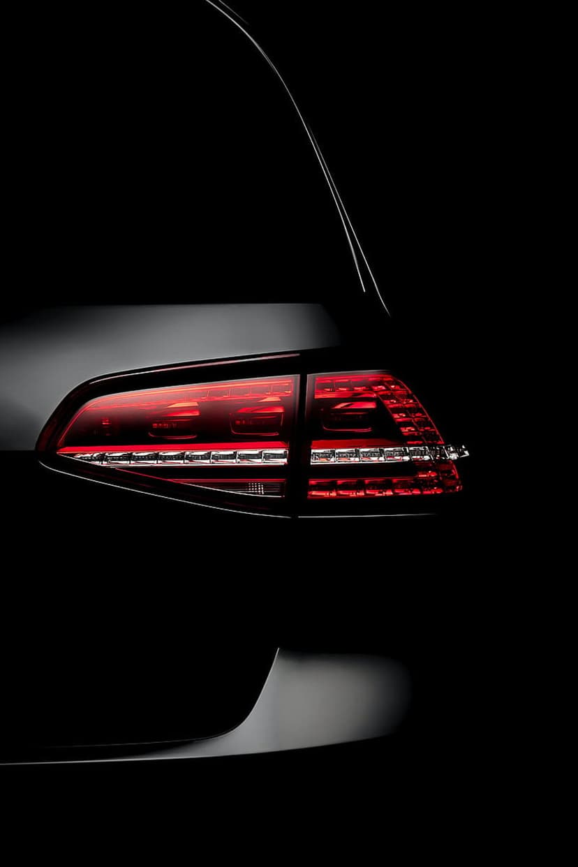 Red LED taillight of a black modern car glows intensely in the dark with intricate internal lighting details.