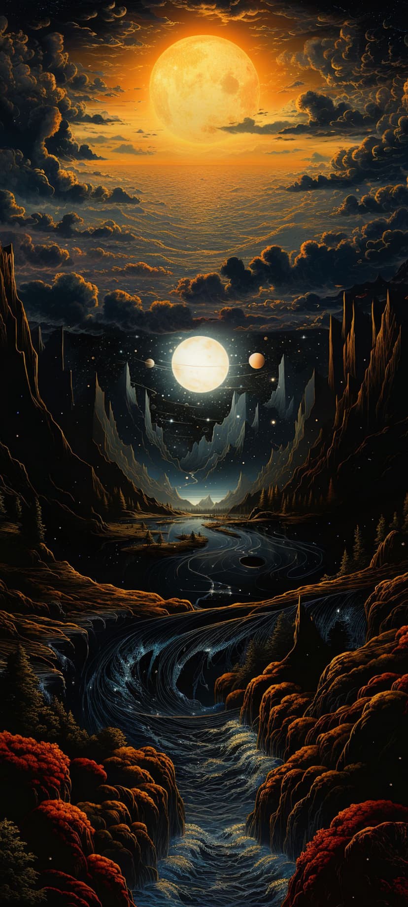 Luminous giant moon above jagged mountains with a dark river and red foliage under a starry alien sky.