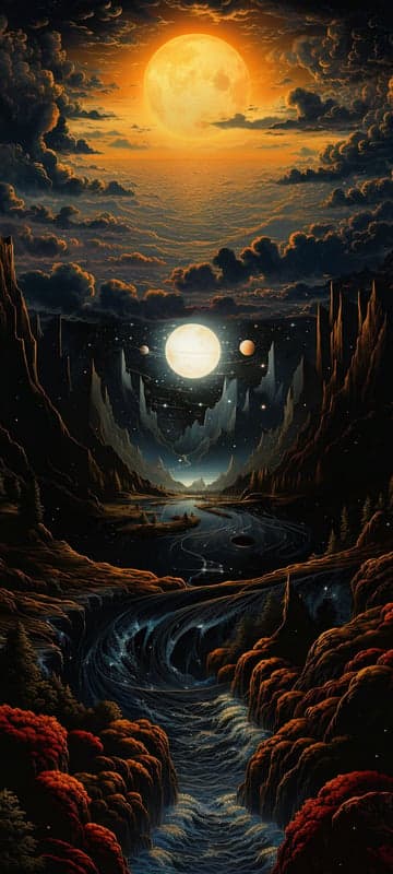 Cosmic Landscape with Giant Moon and Alien Planets