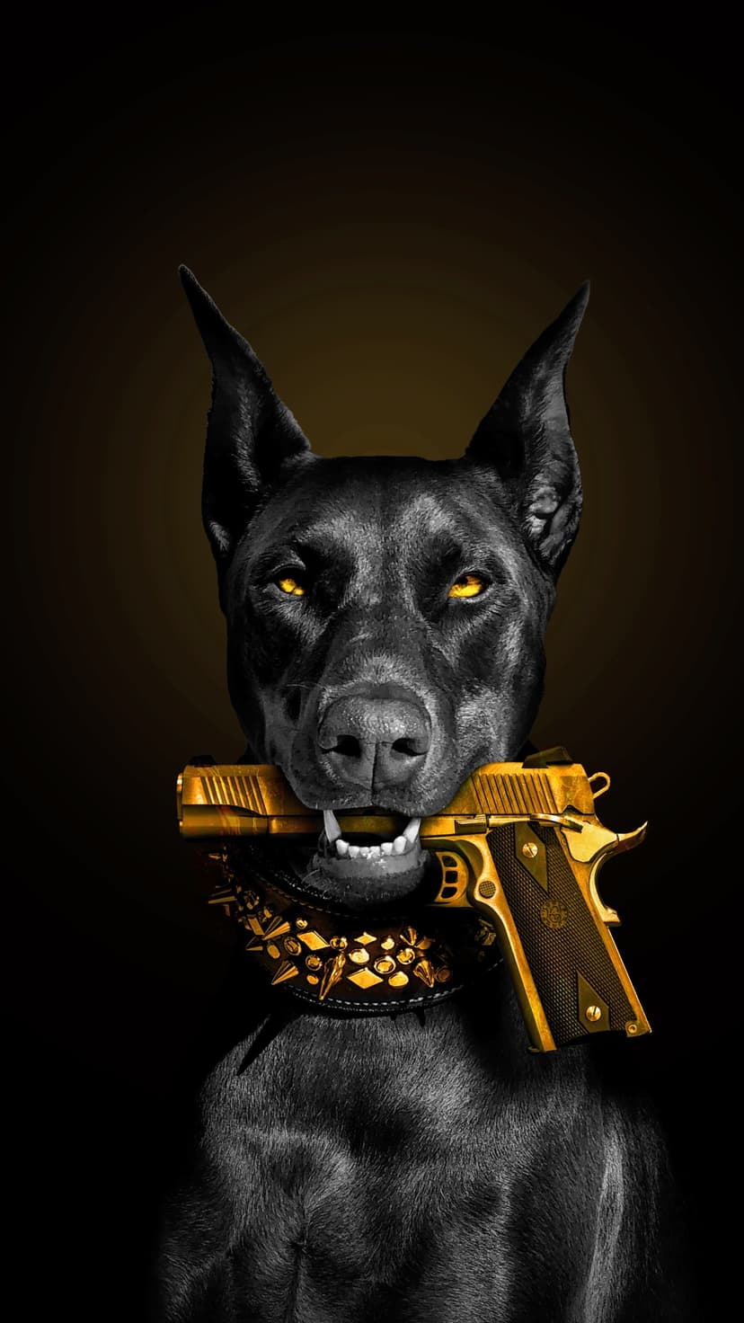 Doberman Pinscher with amber eyes holds a golden gun in its mouth while wearing a gold spiked leather collar.