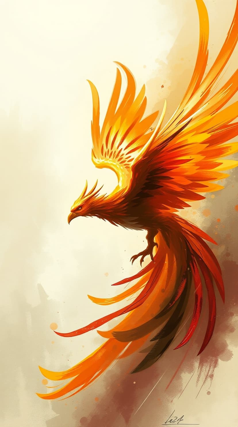 Phoenix with blazing orange and red feathers spreads its wings across a soft white and yellow luminous sky.