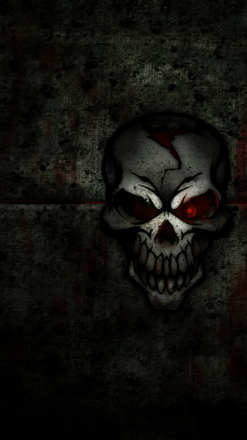 Human skull with glowing red eyes, a cracked forehead, and sharp teeth against a dark gritty background.