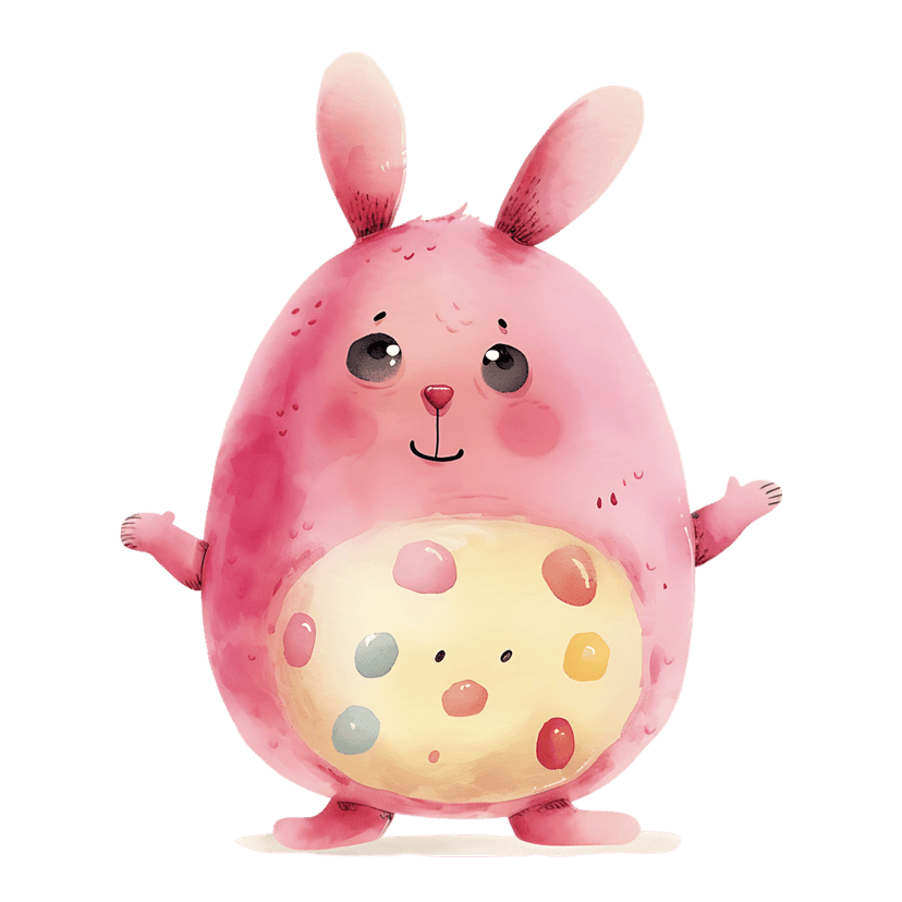 Pink watercolor Easter bunny illustration with colorful polka dots on its yellow belly and large grey eyes.