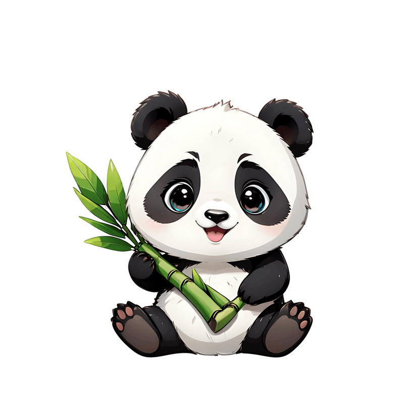 Panda bear sticker illustration sitting and holding green bamboo stalks with a clean white die-cut outline.