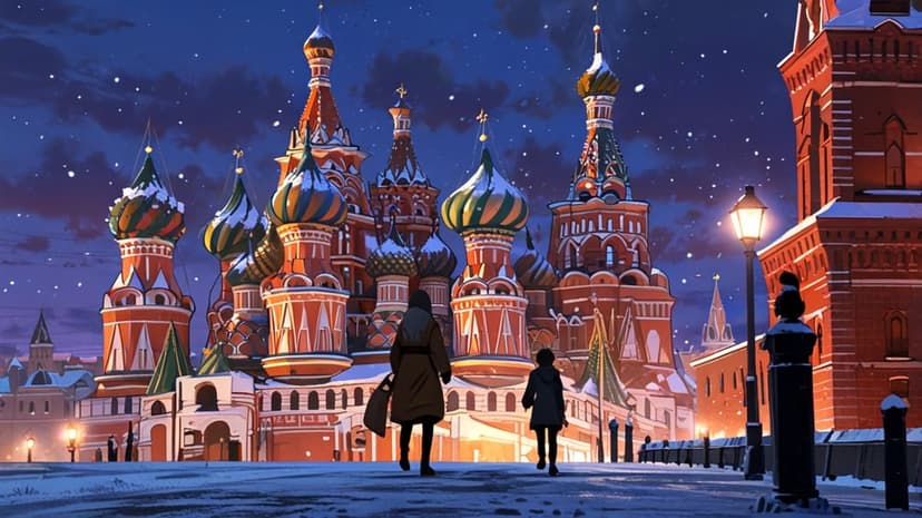 St. Basil’s Cathedral with colorful onion domes stands amid falling snow as two people walk along a lit path.