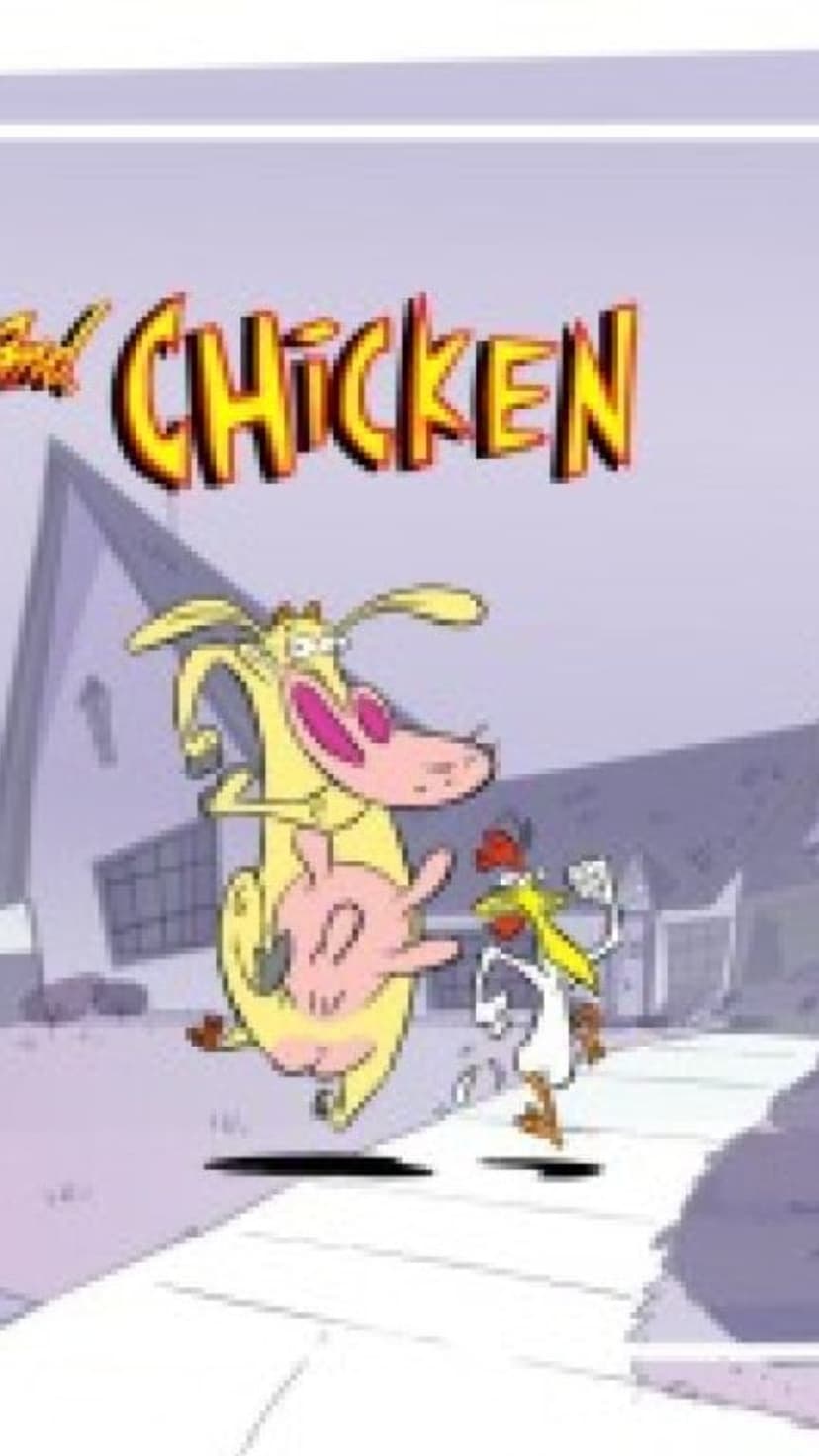 Cow and Chicken stand together in a colorful suburban neighborhood under a large bold show title card.