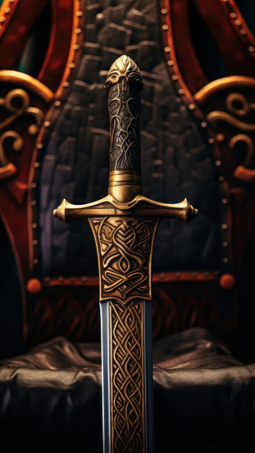 Golden Celtic sword with an animal head pommel rests on a dark throne featuring rich red velvet textures.