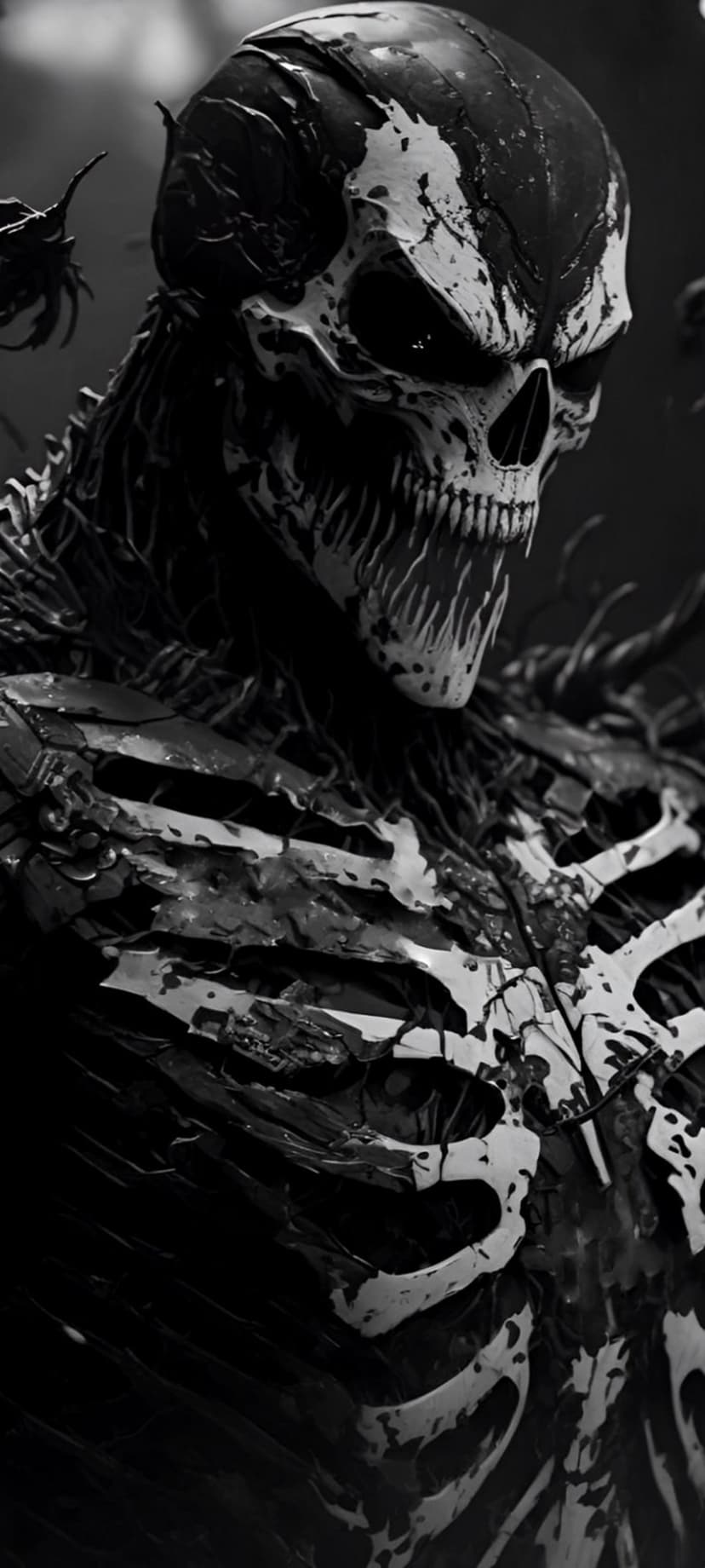 Menacing skull and detailed human ribcage rendered in high-contrast black and white with deep shadows and textures.