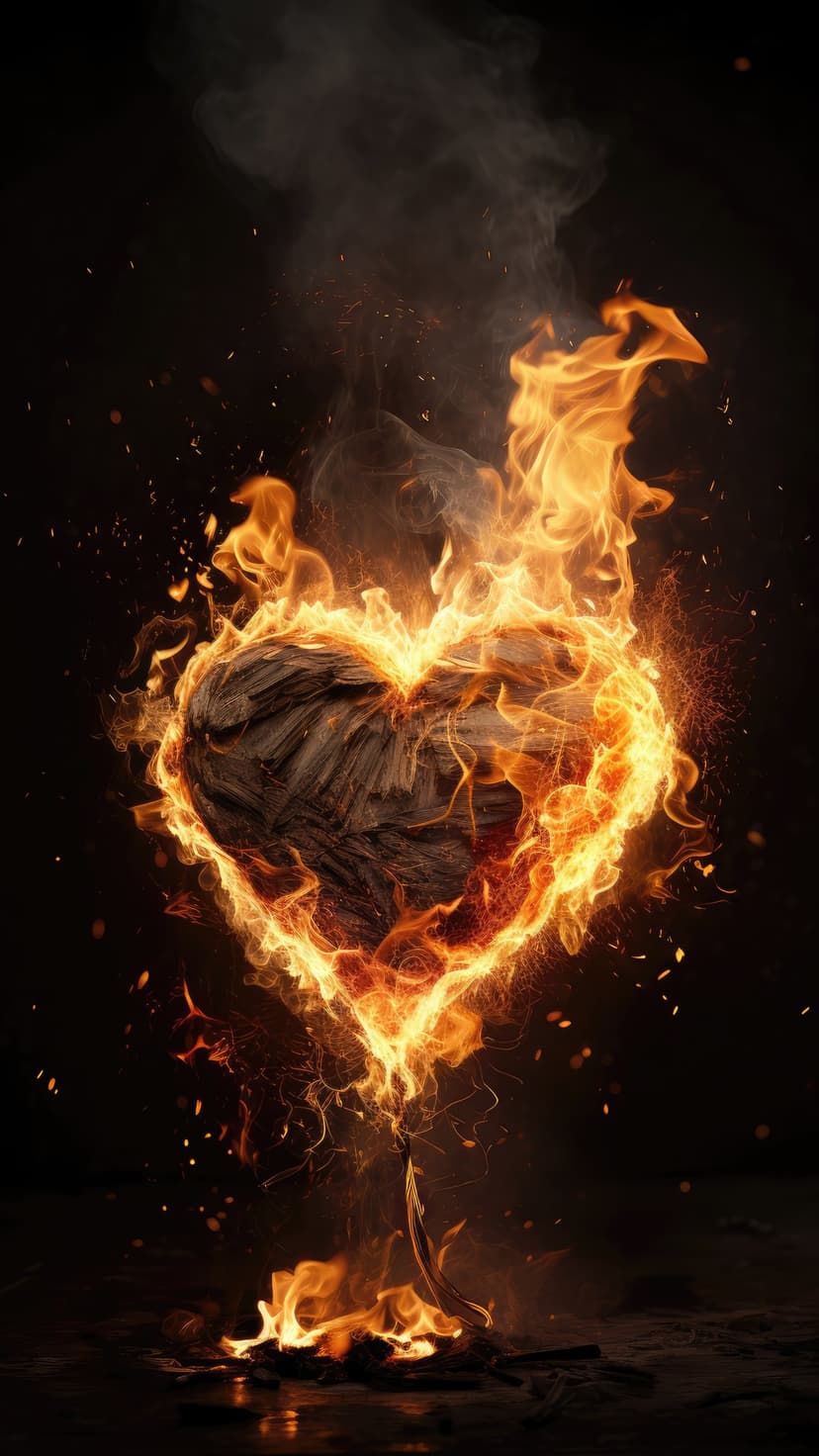 Wooden heart burning with orange flames and rising smoke against a dark background with floating orange sparks.