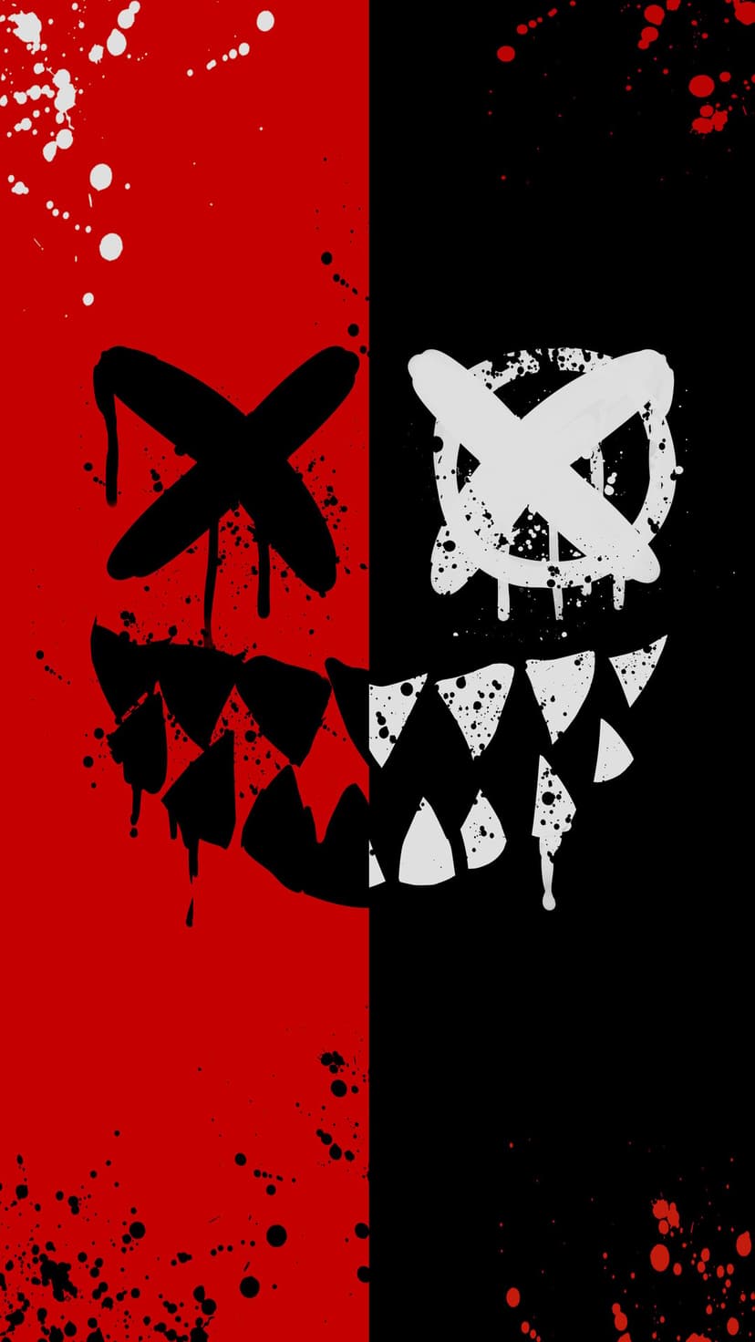 Red and black split graffiti face with X-shaped eyes and dripping paint textures on a high-contrast background.