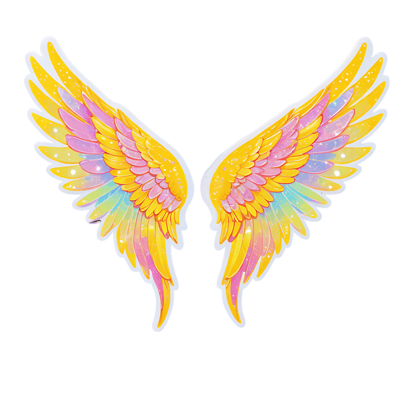 Rainbow angel wings sticker with iridescent yellow and pink feathers featuring a white border and sparkles.