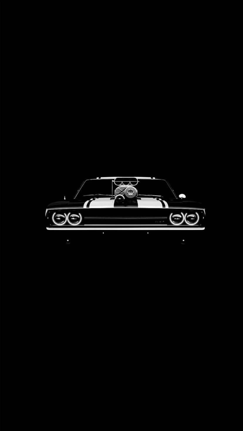 Vintage muscle car silhouette with a hood turbocharger and glowing white outlines on a solid black background.