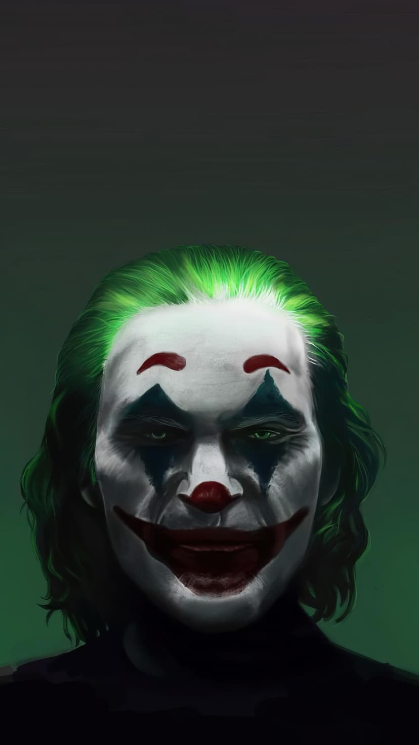 Joker with neon green hair and white clown makeup smiles sinisterly against a textured dark green background.