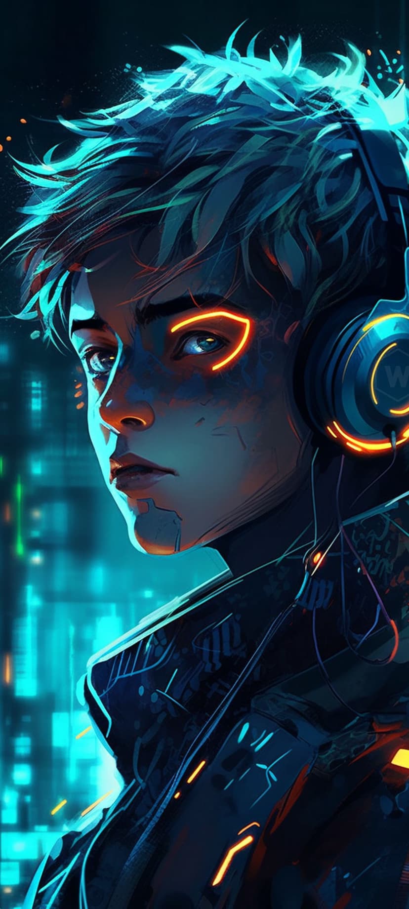 Teenager with teal spiky hair and glowing orange face markings wears large headphones against a blue neon city.