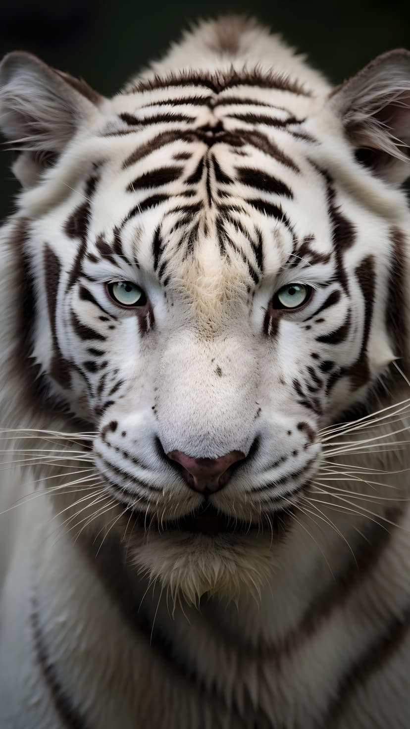 White tiger with bright blue eyes and dark stripes gazes directly forward in a sharp close-up portrait.