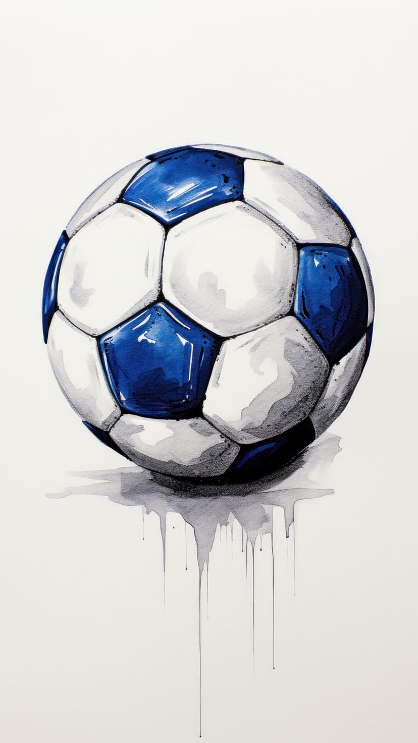 Soccer ball with blue and black panels features artistic watercolor paint drips flowing down a white surface.