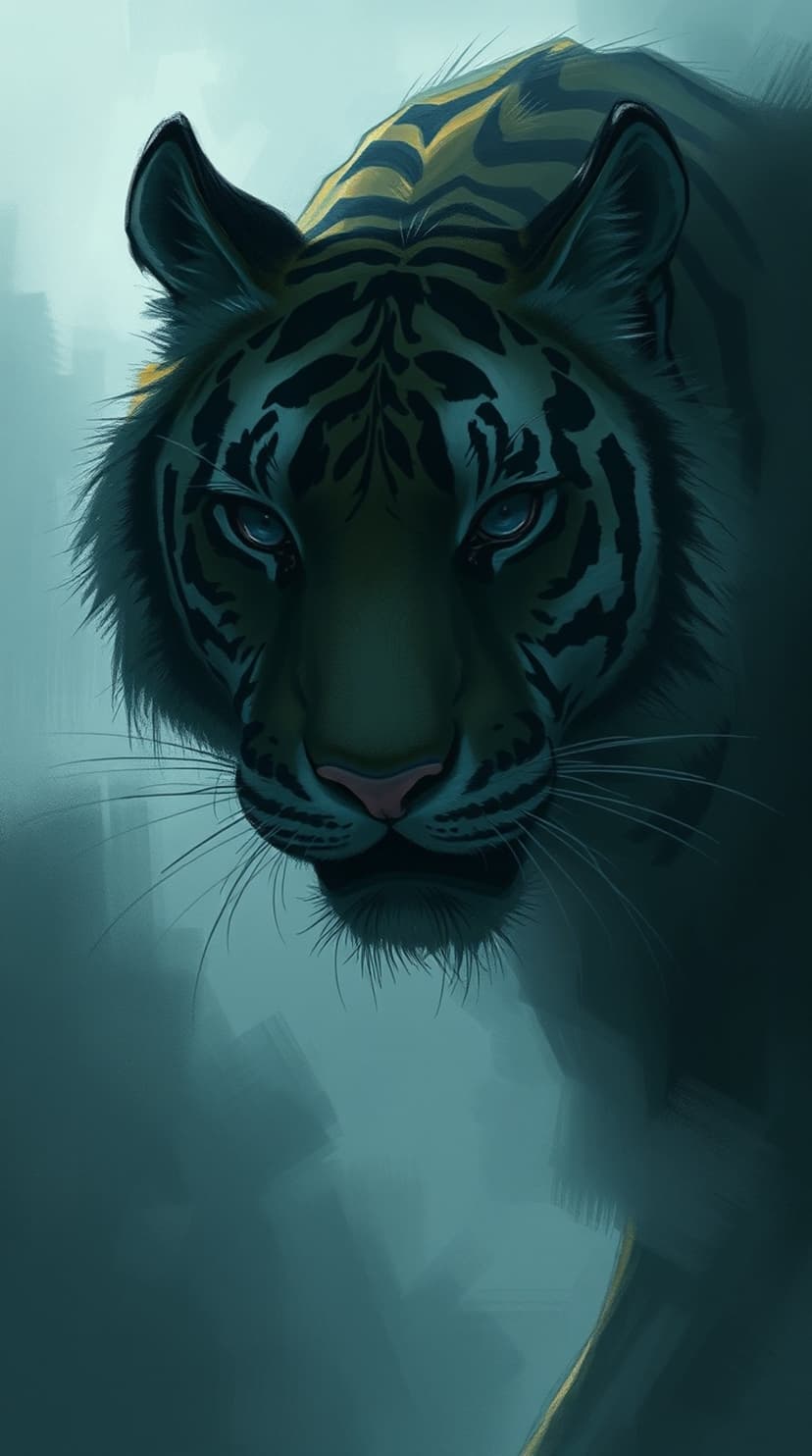 Tiger face with glowing blue eyes and black stripes emerges from a dark teal and navy blurred background.
