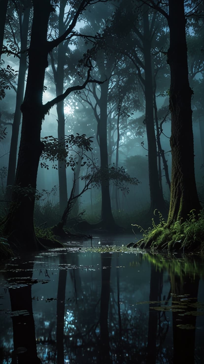 Dark pine trees and emerald green moss reflect in a still, misty mountain lake within a dense and hazy woodland.