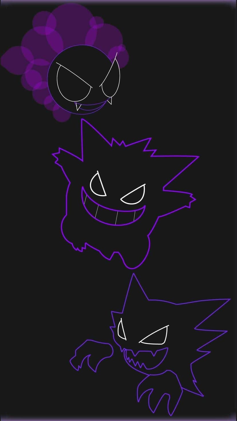 Neon purple outlines of Gastly, Gengar, and Haunter on a black background for a minimalist mobile wallpaper.