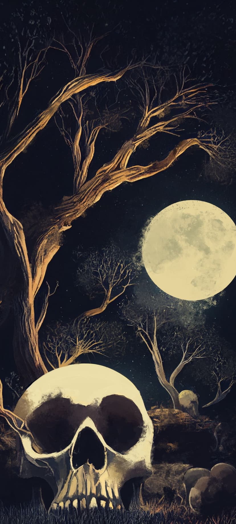 Human skull rests among dry grass and gnarled trees under a large luminous moon in a dark blue midnight sky.