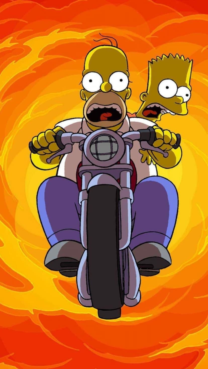 Homer Simpson drives a motorcycle with Bart Simpson behind him against a blazing orange and yellow backdrop.