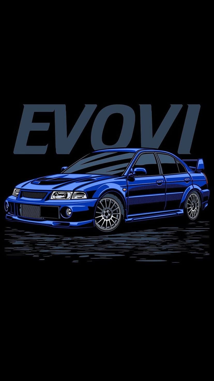 Blue Mitsubishi Lancer Evolution VI with a large rear spoiler parked on a dark, wet, reflective surface.