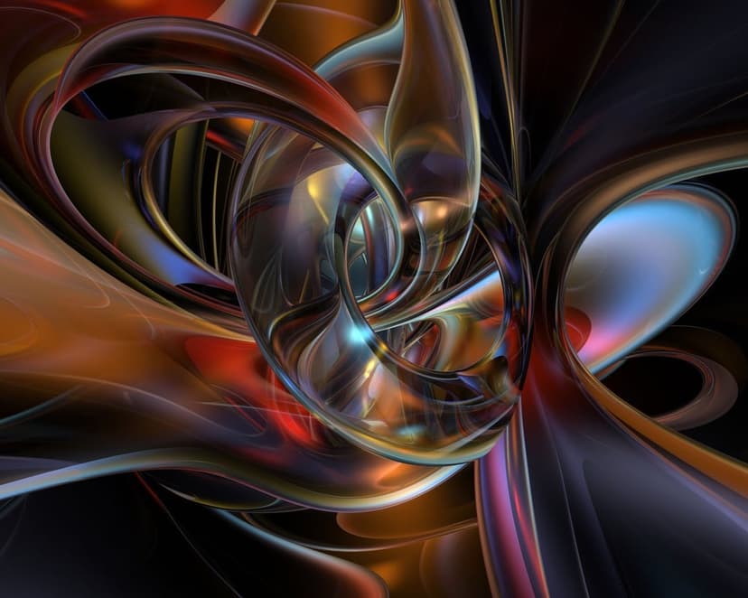 Intertwined metallic ribbons with iridescent red and blue highlights glow against a dark, shadowy background.