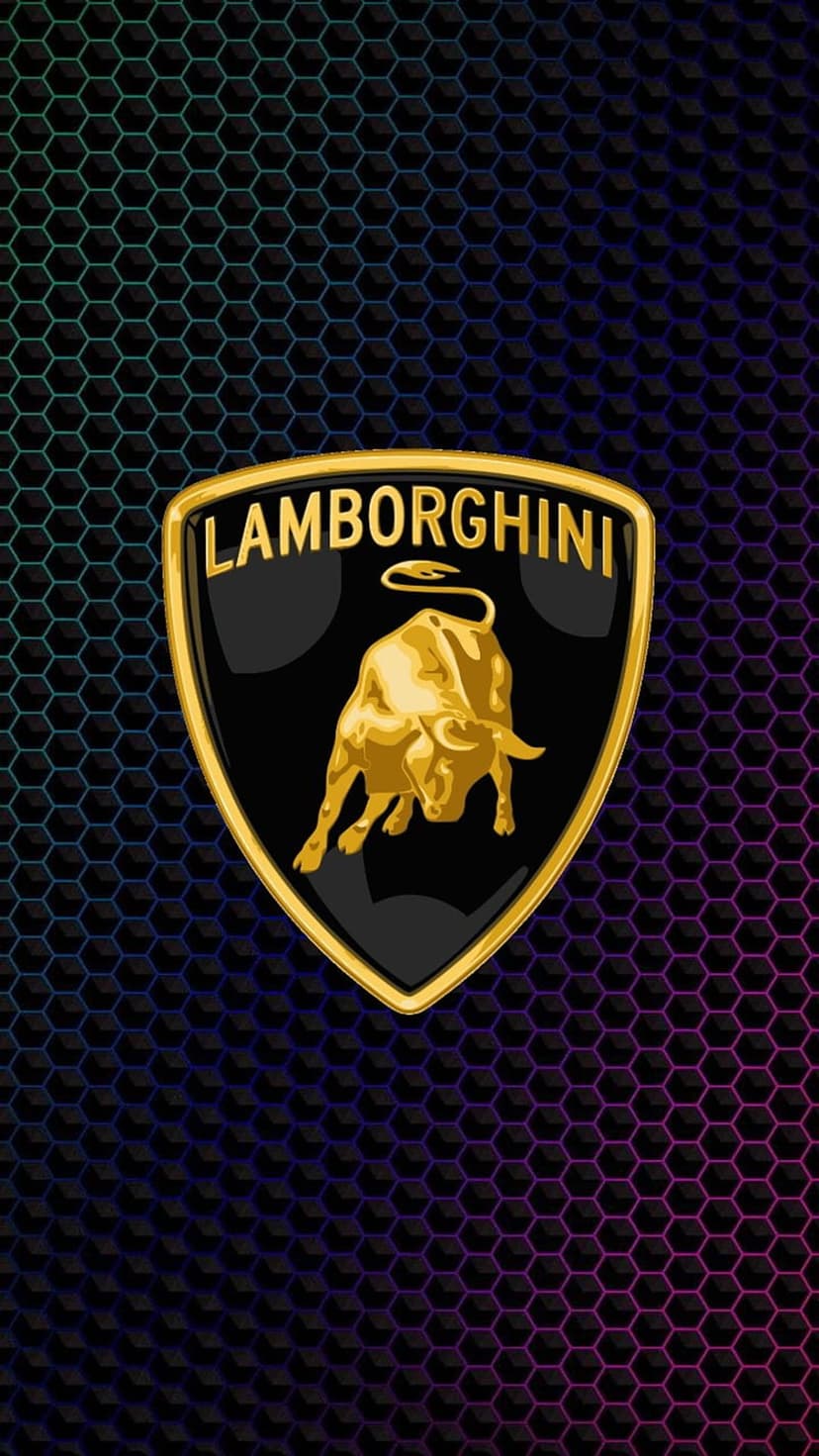 Lamborghini charging bull emblem centered on a blue and purple hexagonal honeycomb mesh background for mobile screens.