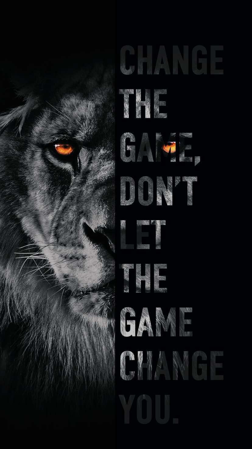 Lion's face with glowing orange eyes and the text Change the Game on a dark black and white vertical background.