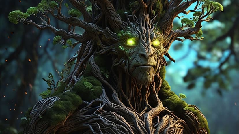 Tree creature with glowing green eyes and mossy bark stands in a misty forest with floating light particles.