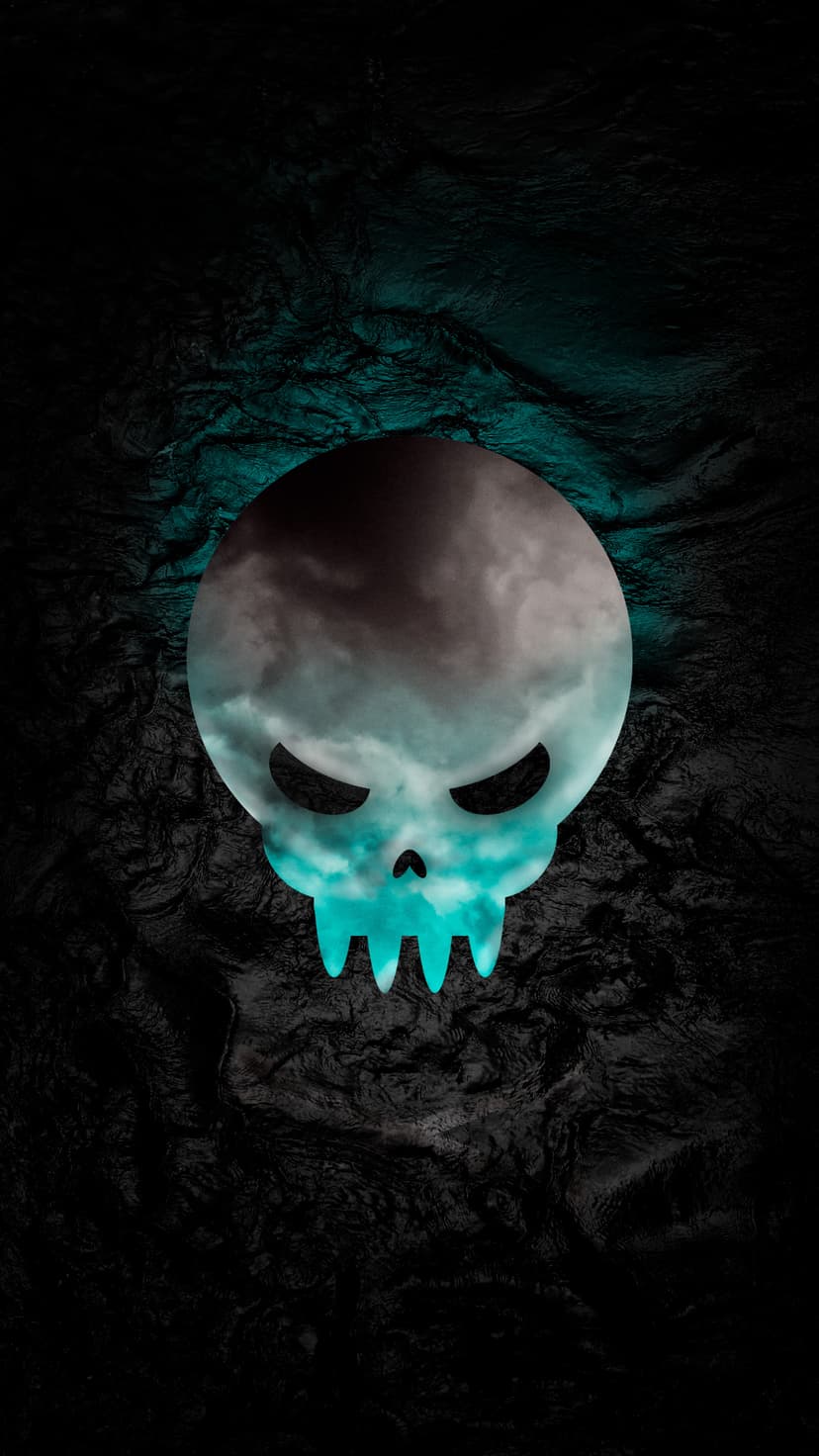 Skull silhouette containing dark storm clouds with turquoise glowing facial features on a black textured backdrop.