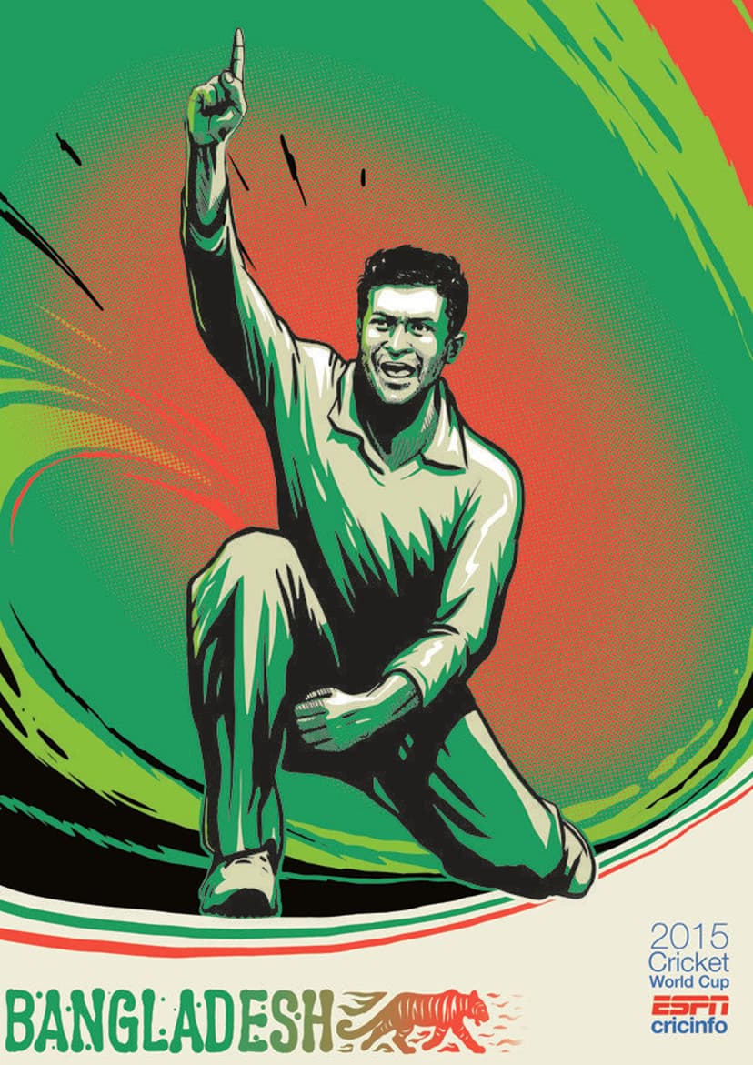 Bangladeshi cricketer kneels in celebration amidst red and green swirls with a Royal Bengal Tiger emblem visible.