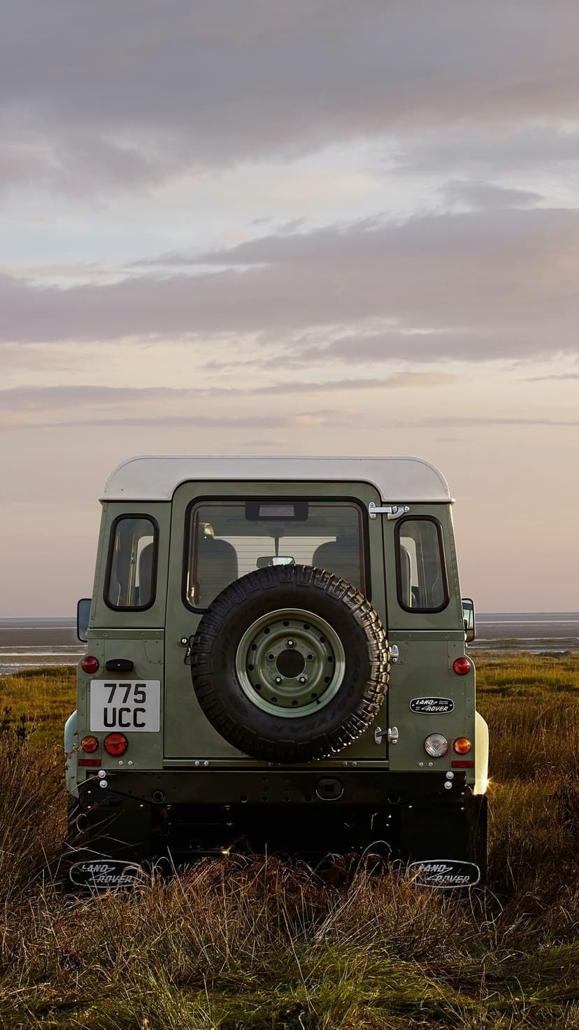 Classic Land Rover Defender rear view with a spare tire and heritage green paint in a grassy field at dusk.