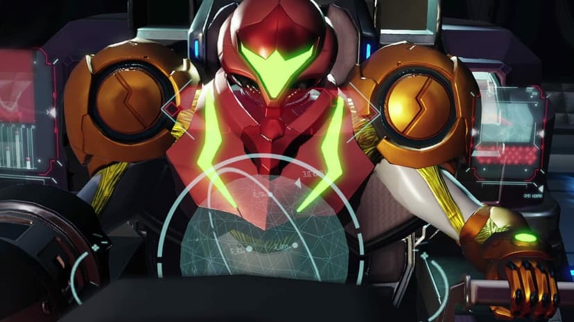 Samus Aran in her red and orange power suit pilots a spaceship with glowing green visors and holographic HUDs.
