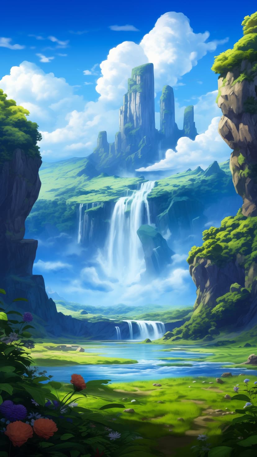 Massive waterfalls drop from jagged cliffs into a blooming valley with a winding river and fluffy clouds.