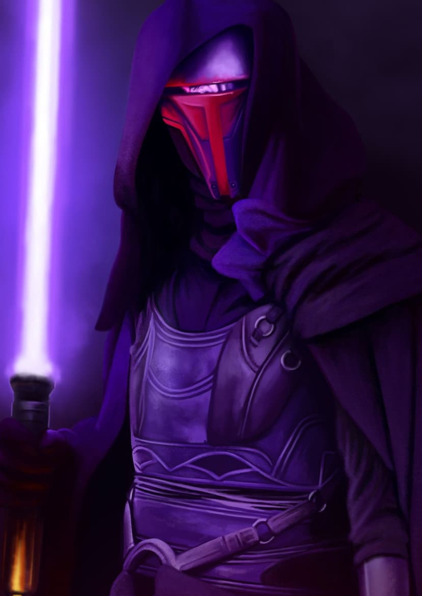 Darth Revan wearing a red mask and dark hood holds a glowing purple lightsaber in a dark, atmospheric setting.