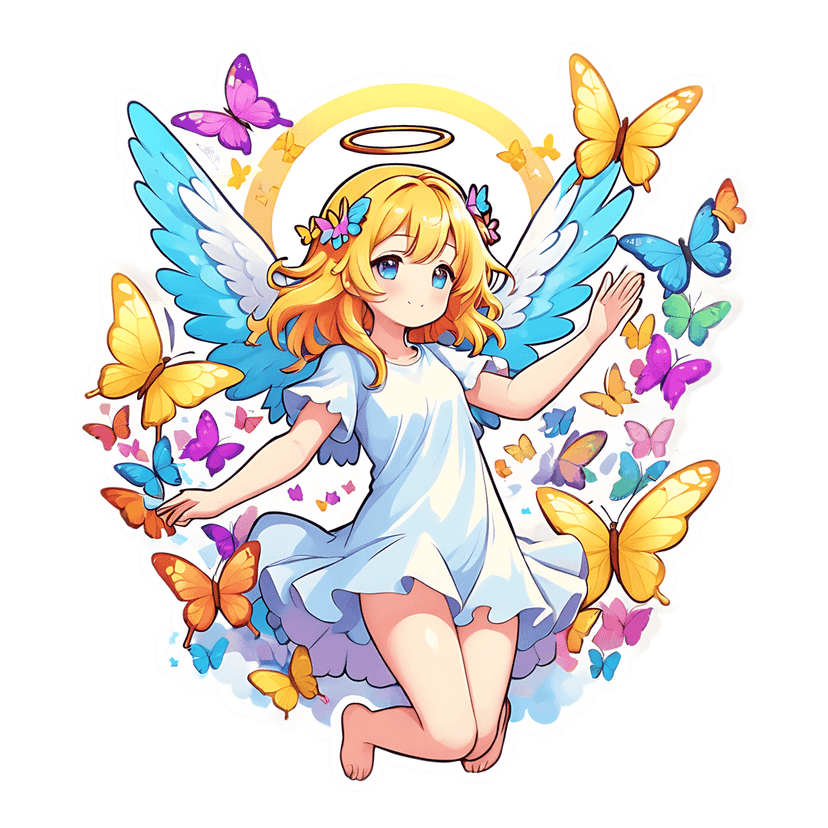 Blonde angel sticker features blue wings and a golden halo surrounded by purple and orange butterflies.