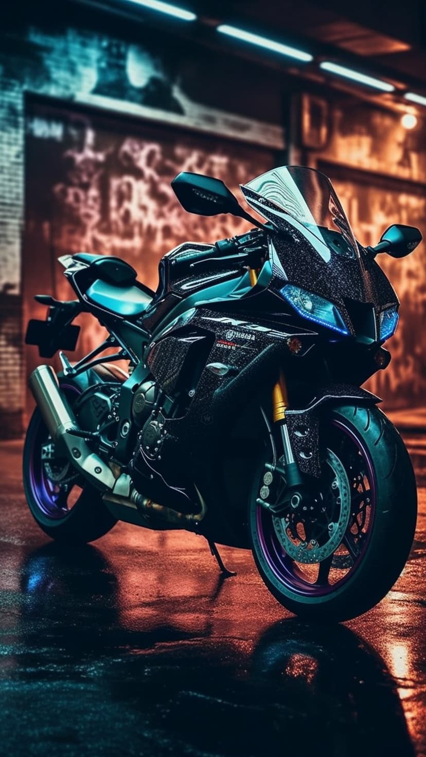 Black sportbike parked on wet pavement in a dark alley with blue and pink neon reflections on the metal frame.