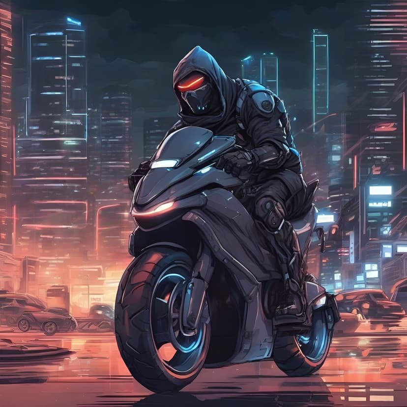 Hooded rider with glowing red eyes on a sleek motorcycle along a wet city street illuminated by neon lights.