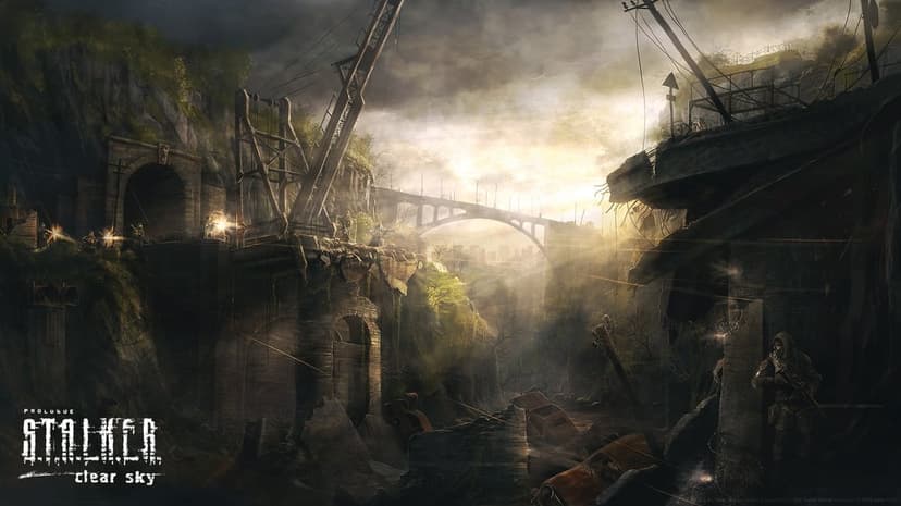 Soldiers in tactical gear engage in combat amidst industrial ruins and a bridge under a hazy, clouded sky.