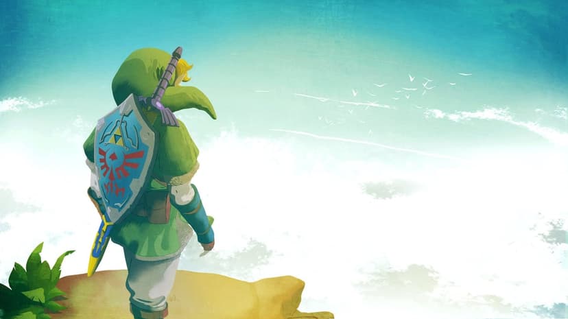 Link in green tunic with Hylian shield looks over white clouds under a blue sky with distant birds in flight.