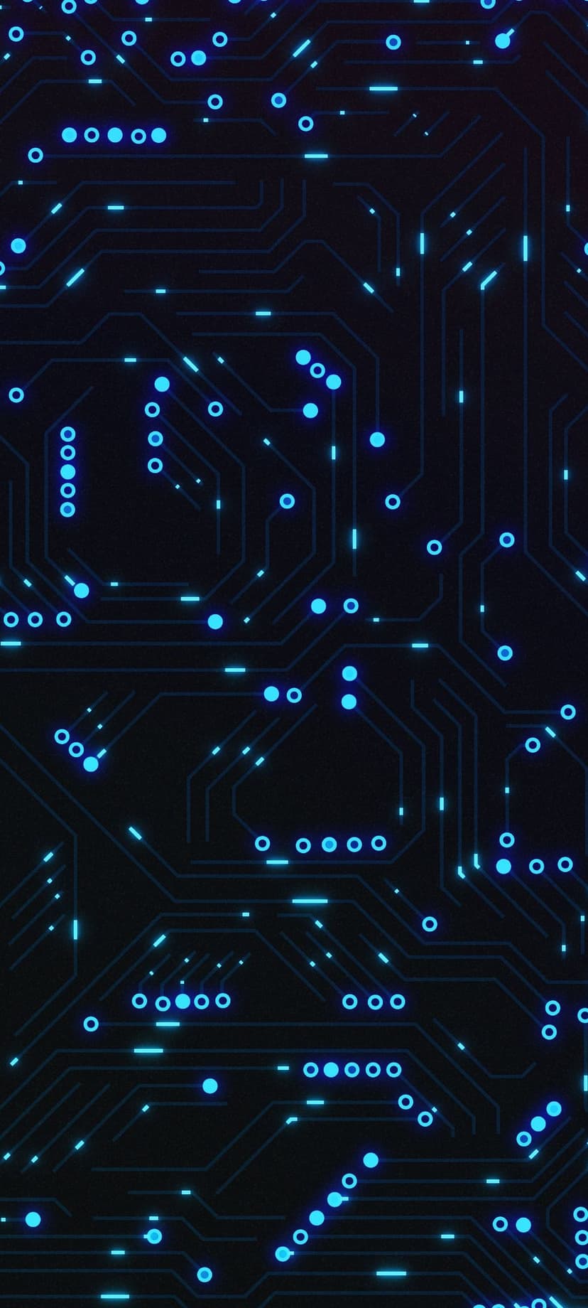Luminous blue circuit board lines and glowing circular nodes pulse against a dark vertical tech background.