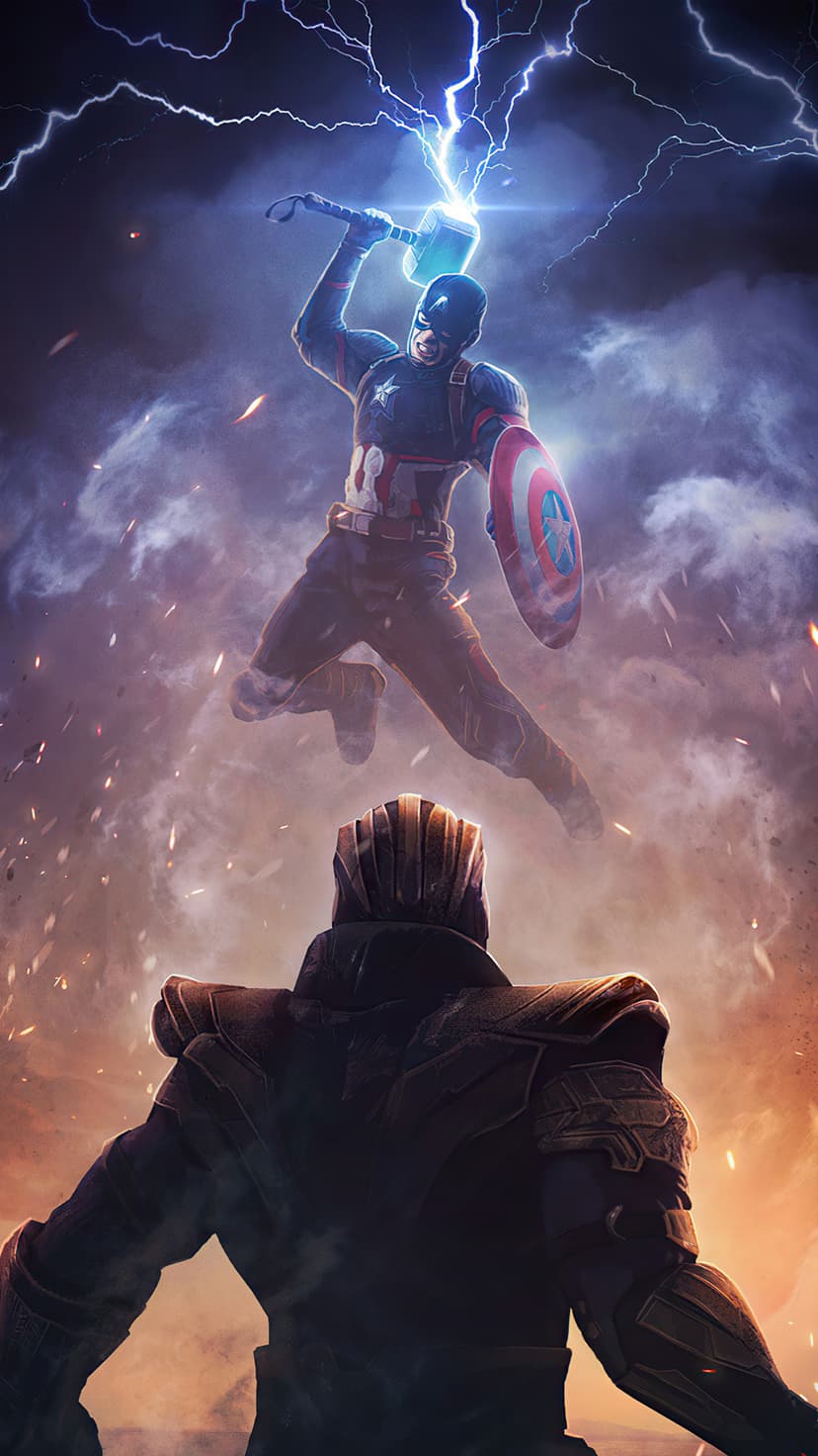 Captain America leaps with Mjolnir toward Thanos as blue lightning crackles across a dark, swirling cosmic sky.