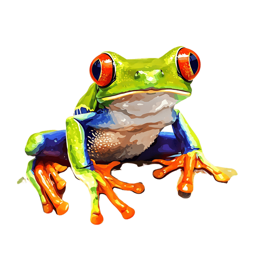 Red-eyed tree frog illustration with neon green skin, crimson eyes, and orange limbs on solid black backdrop.