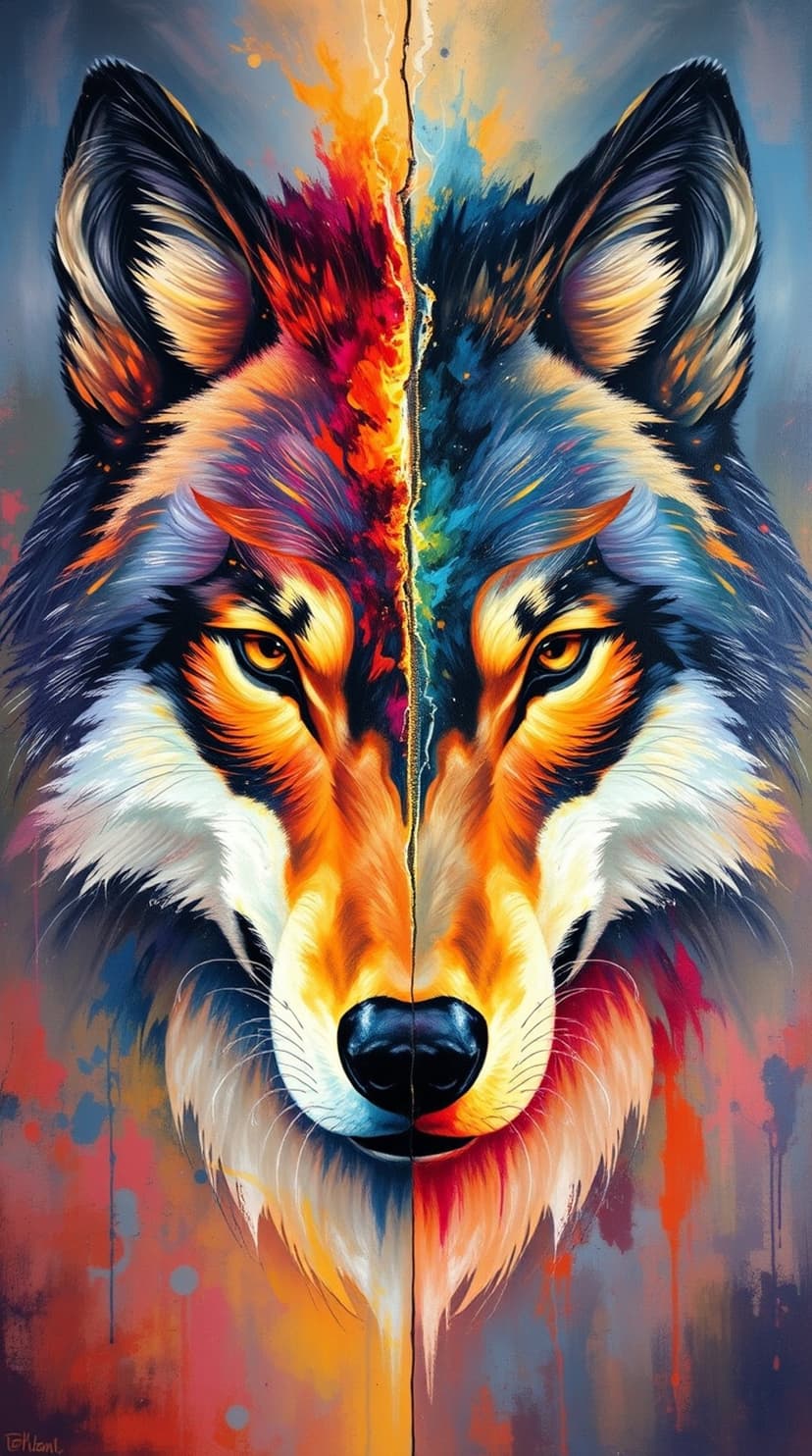 Wolf face split into orange embers and blue frost with energetic paint splashes and an intense yellow gaze.