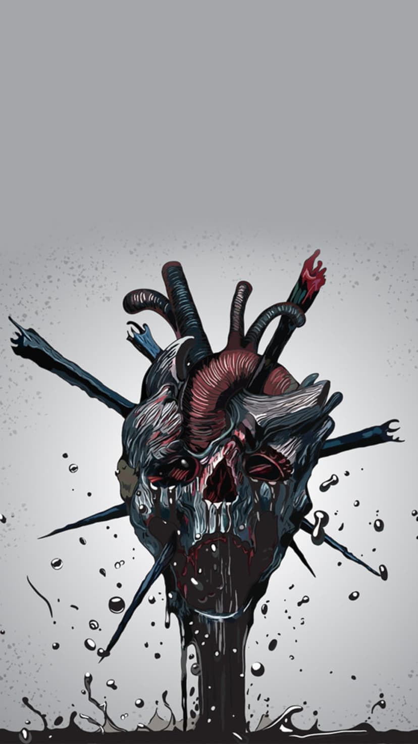 Human heart skull hybrid impaled by sharp metal spikes with viscous black liquid dripping down a gray background.