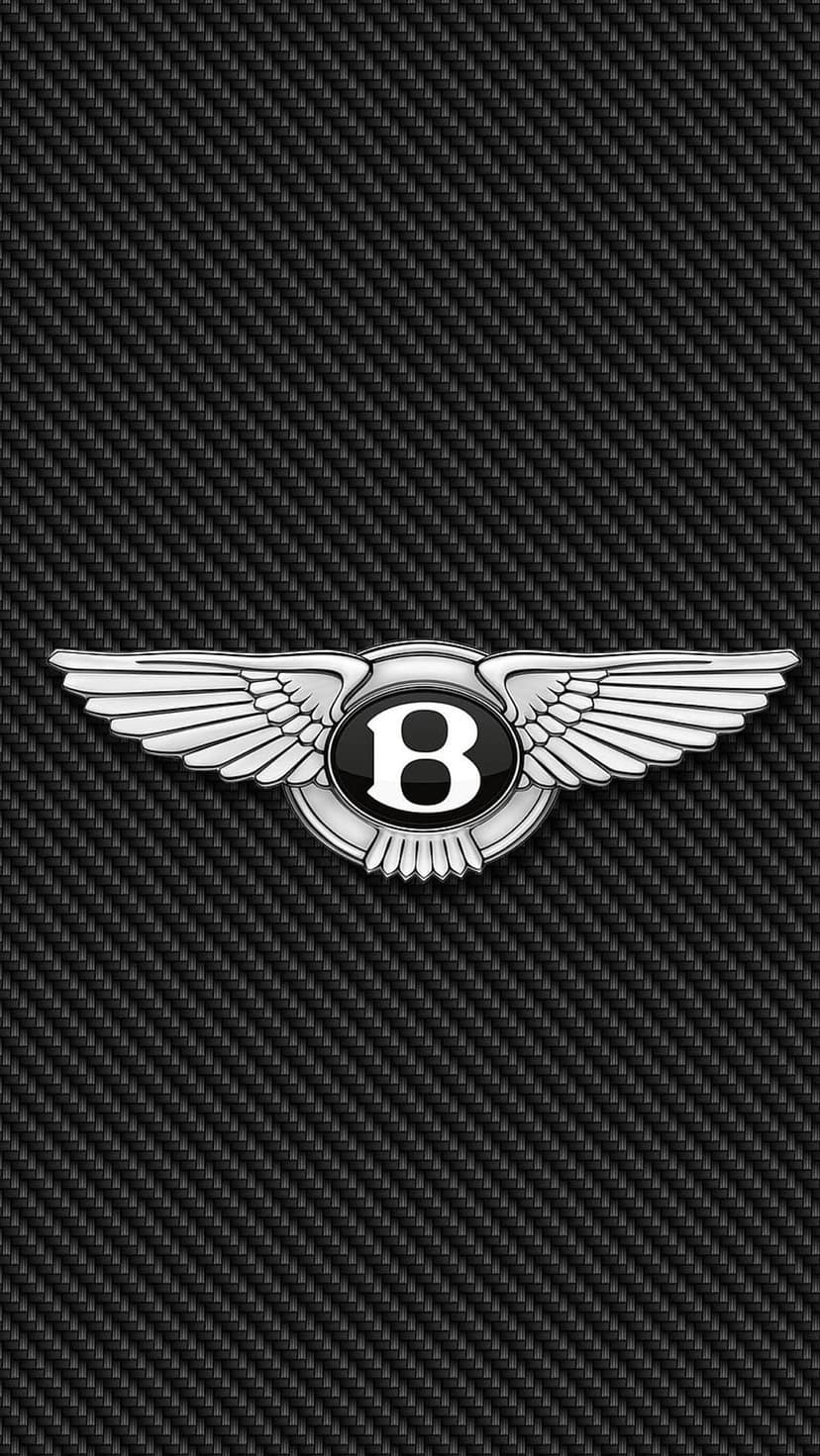 Bentley wings logo with a silver metallic finish centered on a black textured carbon fiber weave background.