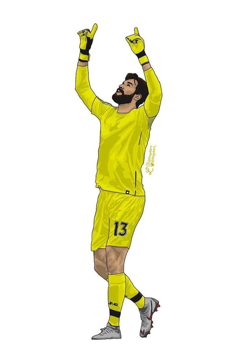 Alisson Becker raises both arms and points upward in a yellow Liverpool kit featuring the number thirteen.