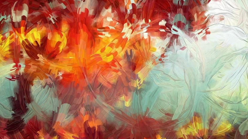 Red and orange abstract flower petals swirl among teal paint strokes in a thick, textured vertical composition.